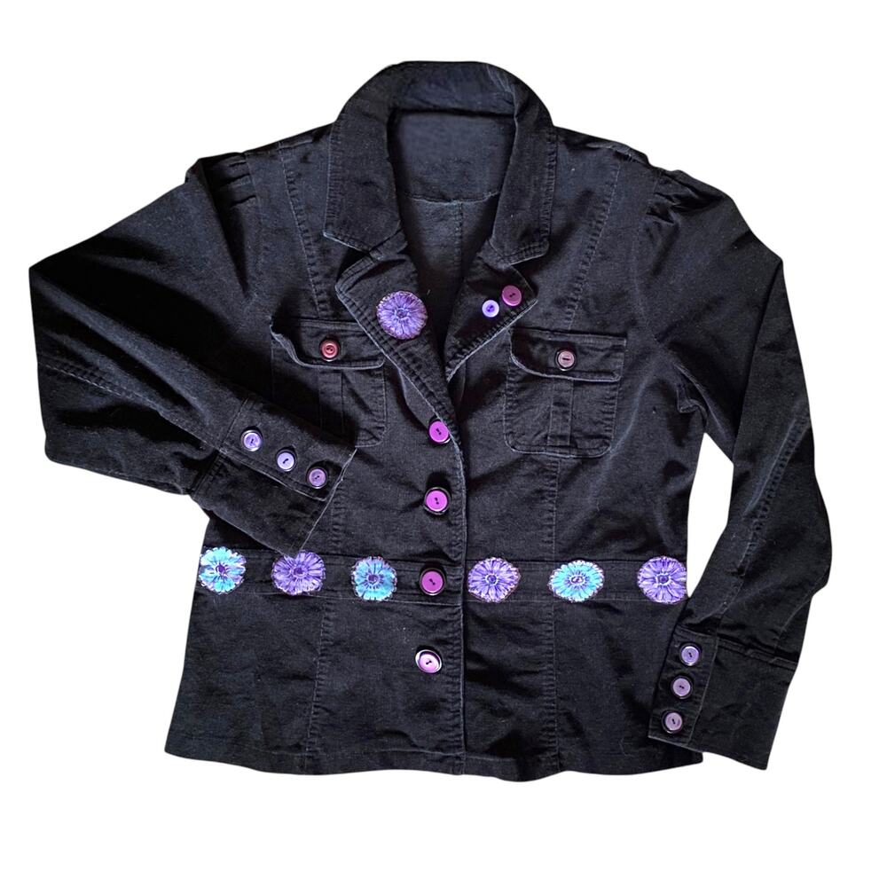 Reworked Embellished Corduroy Jacket Sz S/M Black Purple Flowers Doll People